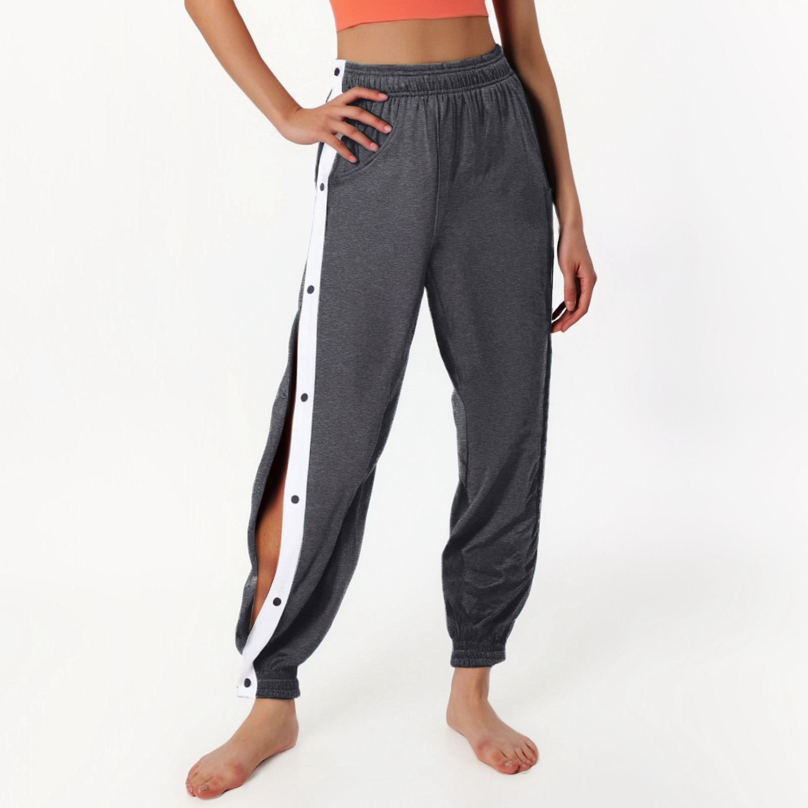 thumbnail image 4 of Pantalones deportivos casuales con botones y puños para mujer: pierna ancha, cordón ajustable, tejido suave y transpirable. Tallas: S-XL., 4 of 8
